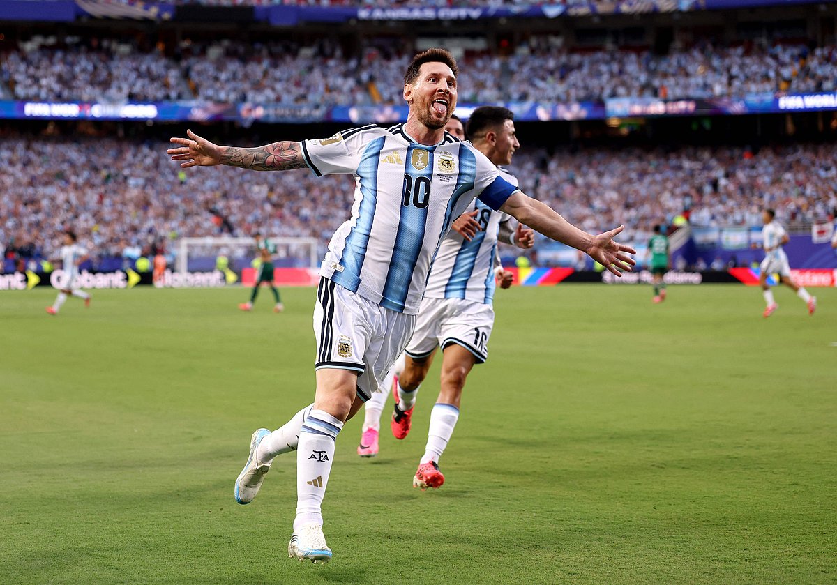 Lionel Messi celebrates scoring his team's first goal during the FIFA World Cup 2026 Group J match between Argentina and Algeria at Kansas City Stadium on 16 June, 2026 in Kansas City, Missouri