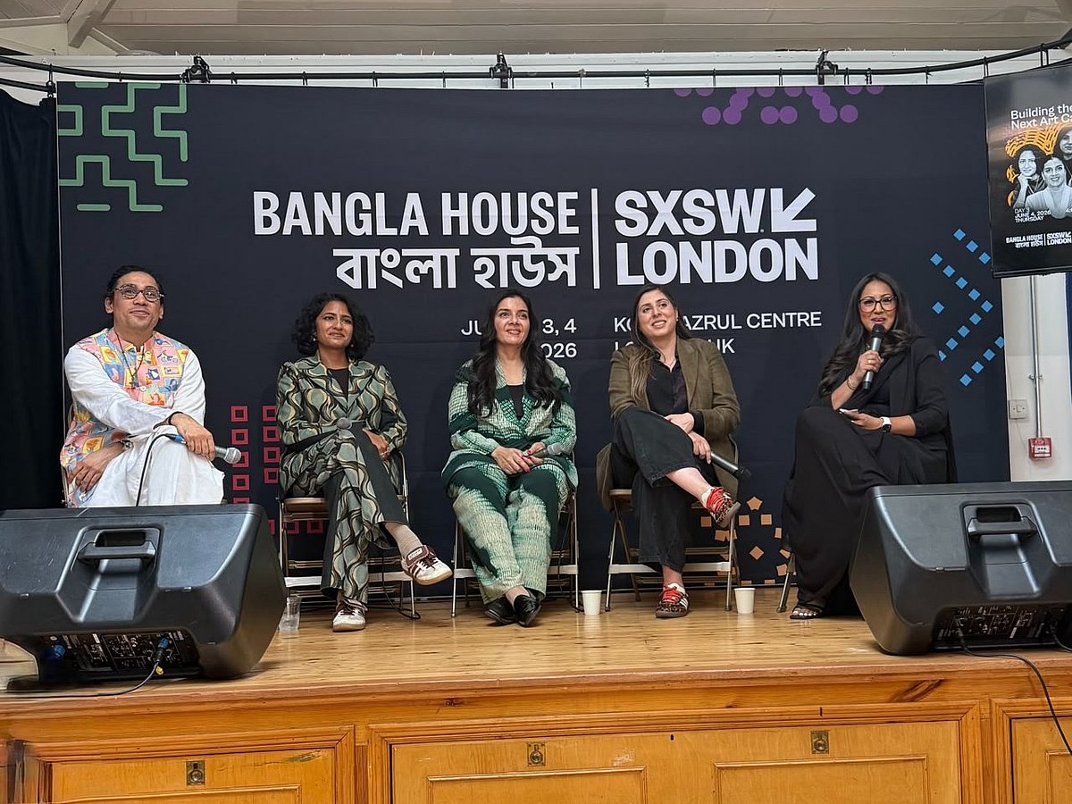 Fahd Sattar, founder and CEO of Aloki and co-founder of Art Dhaka; Jaya Asokan, fair director of India Art Fair; Meneesha Kellay, senior curator at V&A East, Nour Aslam, founder and executive director of the Art South Asia Project and Nahar Khan, founder of Solis, speak at SXSW London’s Bangla House event in London.