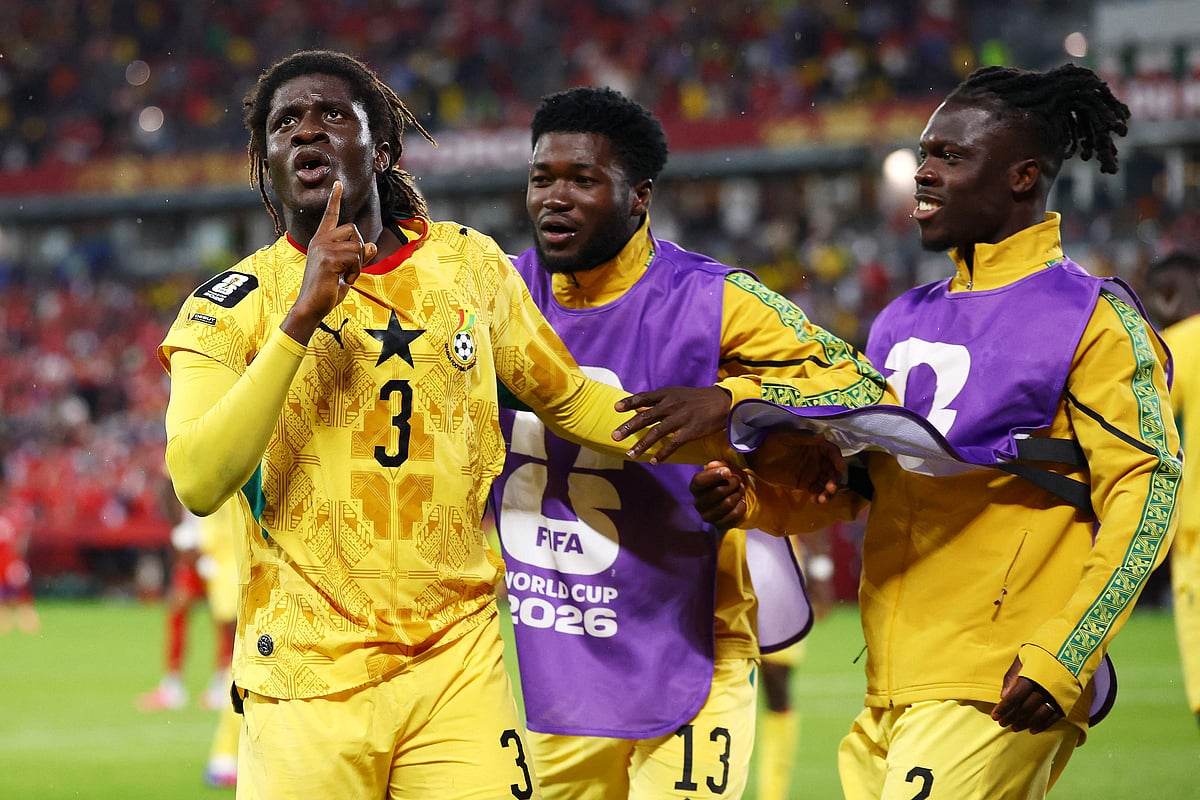 Caleb Yirenkyi #3 of Ghana celebrates with teammate Alidu Seidu #2 and Christopher Bonsu Baah #13 after scoring his team's first goal during the FIFA World Cup 2026 Group L match between Ghana and Panama at Toronto Stadium on 17 June 2026 in Toronto, Ontario.