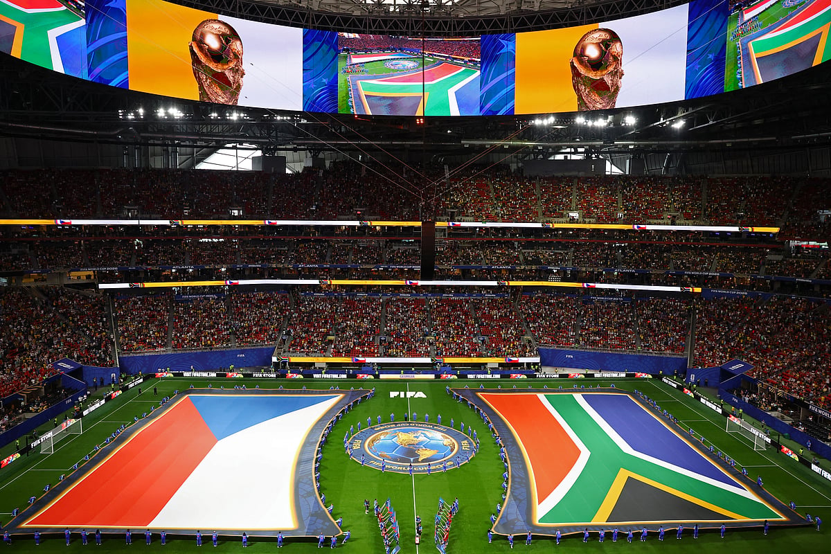 General view inside the stadium of giant Czech Republic and South Africa flags on the pitch before the match at Atlanta Stadium, Atlanta, Georgia, U.S. - 18 June, 2026