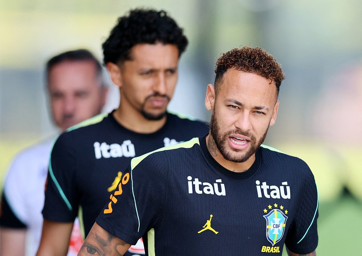 Soccer Football - FIFA World Cup 2026 - Brazil Training - Columbia Park Training Facility, Morristown, New Jersey, US - 17 June, 2026
Brazil's Neymar Jr. and Marquinhos during training.