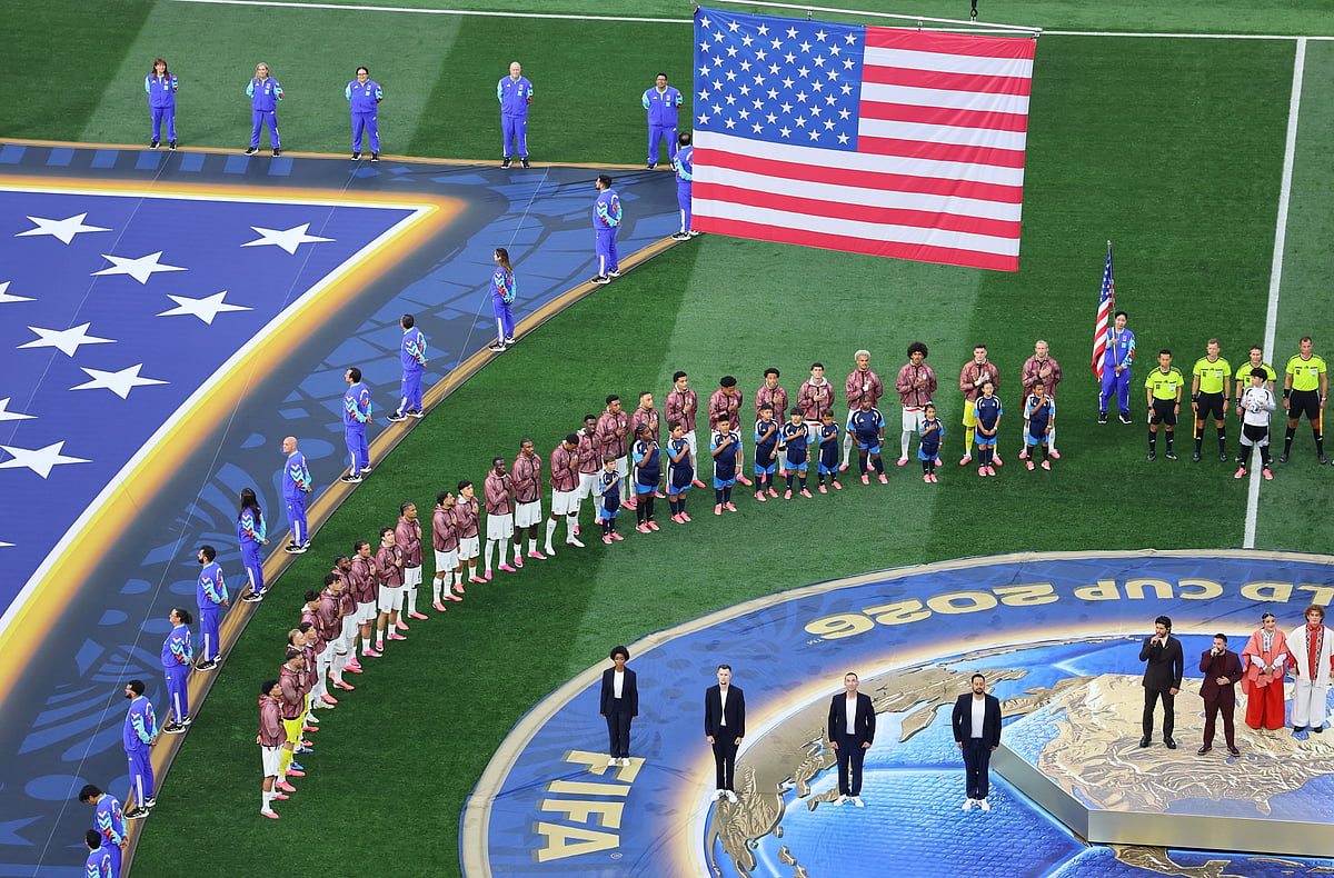 United States players line up during the national anthems