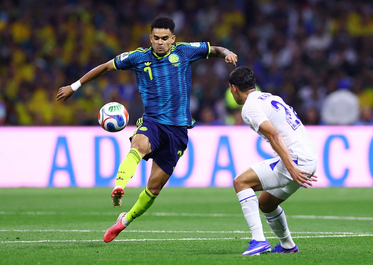 Colombia’s Luis Diaz in action with Uzbekistan’s Abbosbek Fayzullaev in FIFA World Cup 2026  Group K match against Uzbekistan at Estadio Azteca, Mexico City, Mexico on 17 June 2026