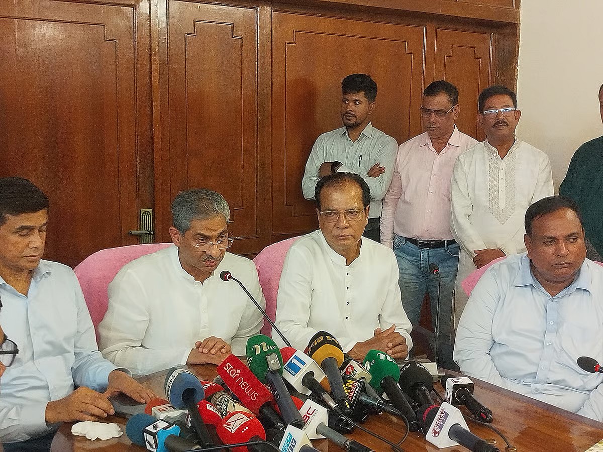 Water Resources Minister Shahid Uddin Chowdhury Annie addresses at an exchange-of-views meeting in Goddimari of Hatibandha upazila in Lalmonirhat on 19 June 2026