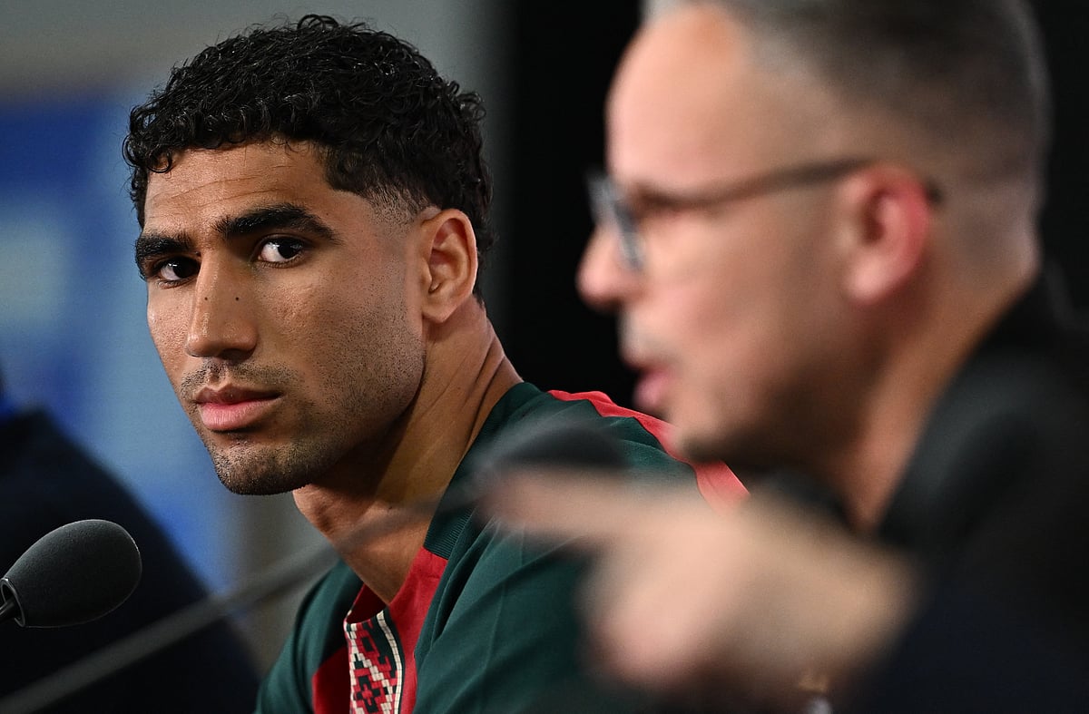 Soccer Football - FIFA World Cup 2026 - Morocco Press Conference - New York/New Jersey Stadium, East Rutherford, New Jersey, U.S. - June 12, 2026 
Morocco's Achraf Hakimi during the press conference REUTERS/Dylan Martinez