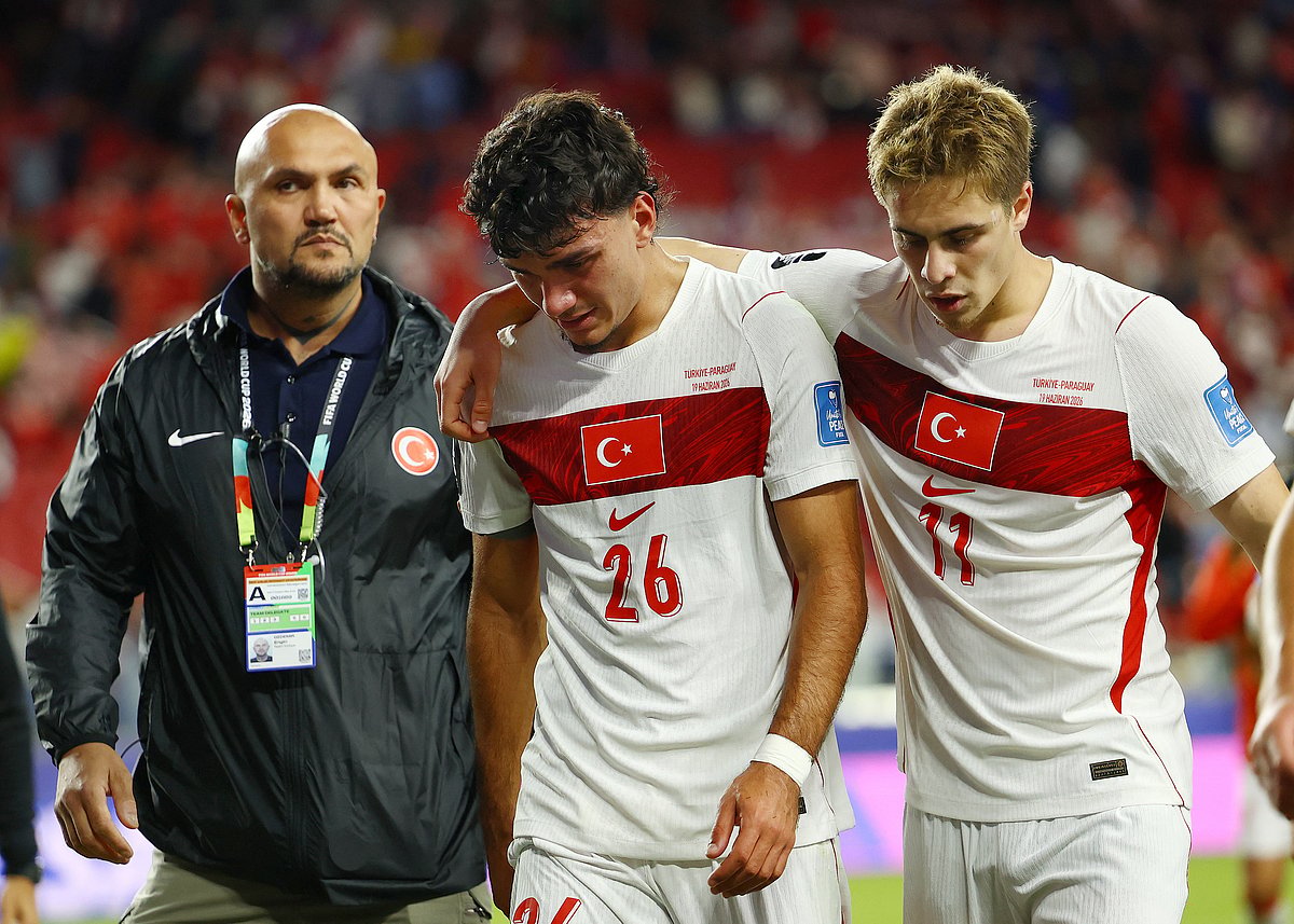 Turkey's Can Uzun and Kenan Yildiz look dejected after the match against  Paraguay at San Francisco Bay Area Stadium, Santa Clara, California, US, 19 June, 2026