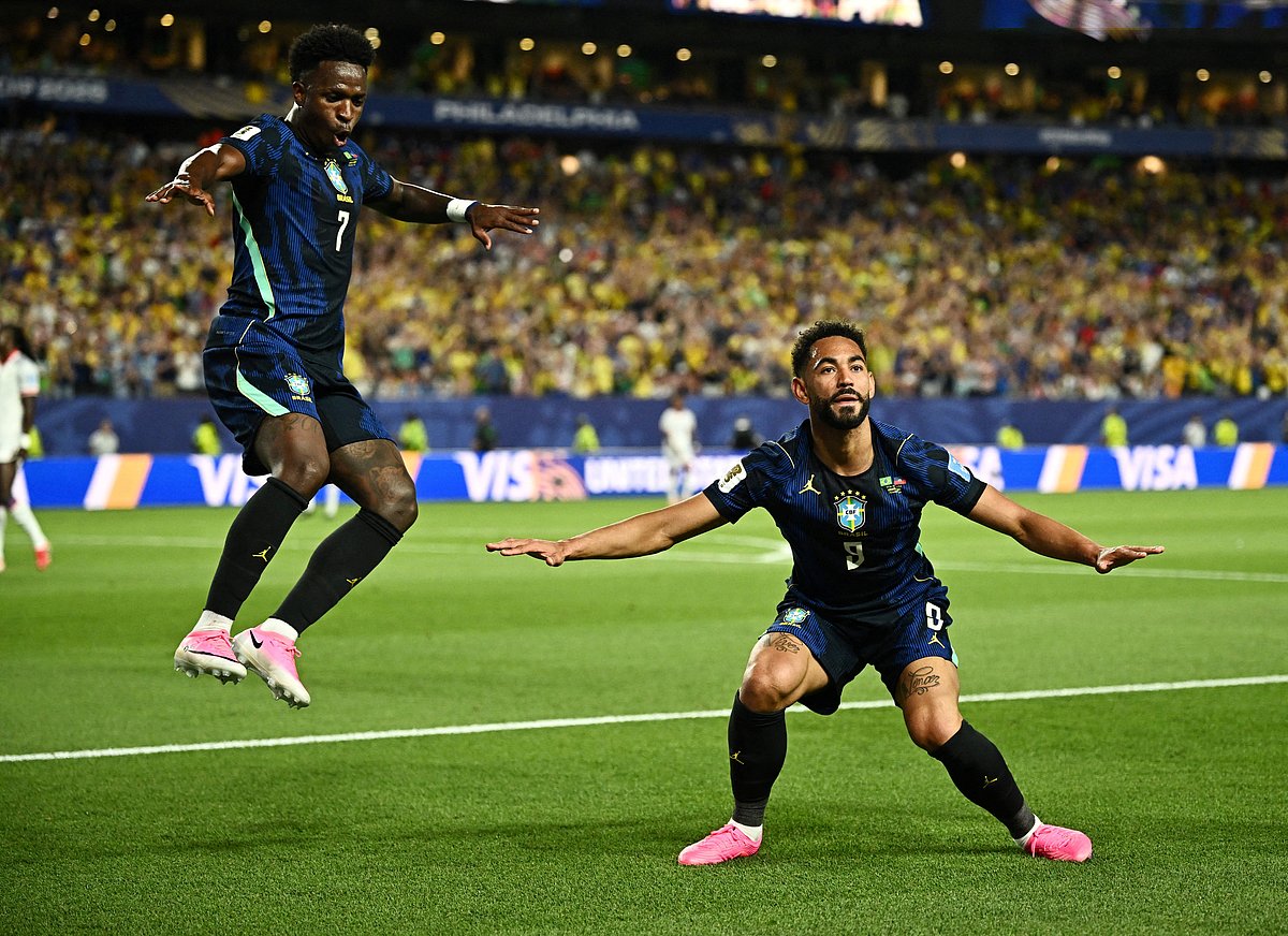 Brazil's Matheus Cunha celebrates scoring their second goal with Vinicius Junior against Haiti at Philadelphia Stadium, Philadelphia, Pennsylvania, U.S. - June 19, 2026
