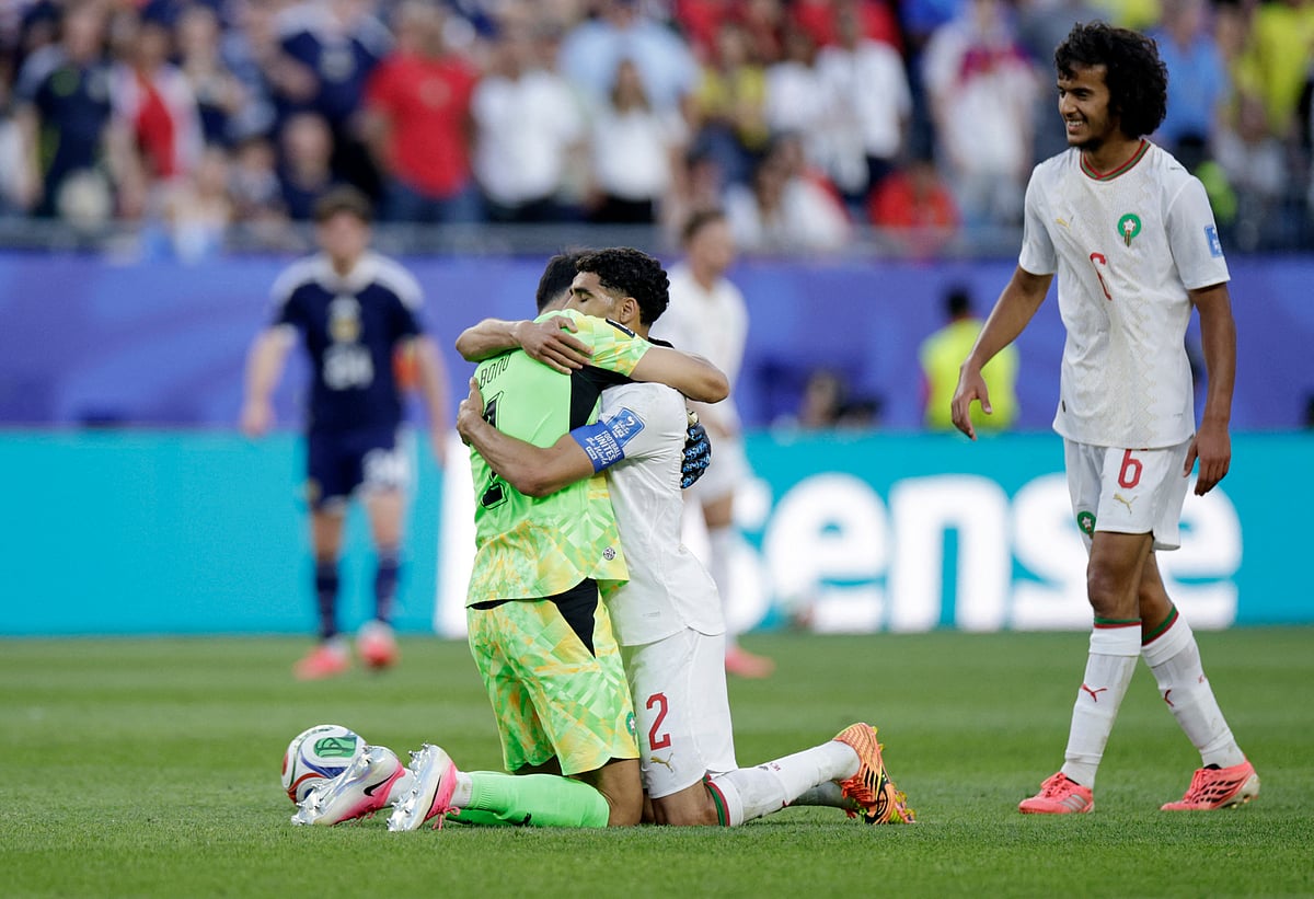 Morocco's Yassine Bounou, Achraf Hakimi and Ayyoub Bouaddi celebrate after the match against Scotland at Boston Stadium, Foxborough, Massachusetts, U.S. - June 19, 2026