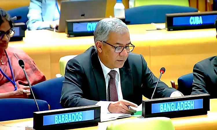Bangladesh's Permanent Representative to the United Nations, Ambassador Salahuddin Noman Chowdhury speaks at a briefing by the UN Secretary-General's Special Envoy on Myanmar on 19 June 2026.