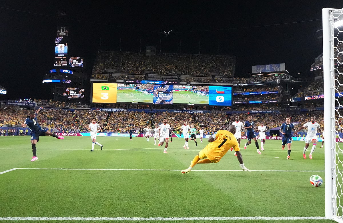 Brazil's Endrick scores a goal past Haiti's Johny Placide that was later disallowed for offside