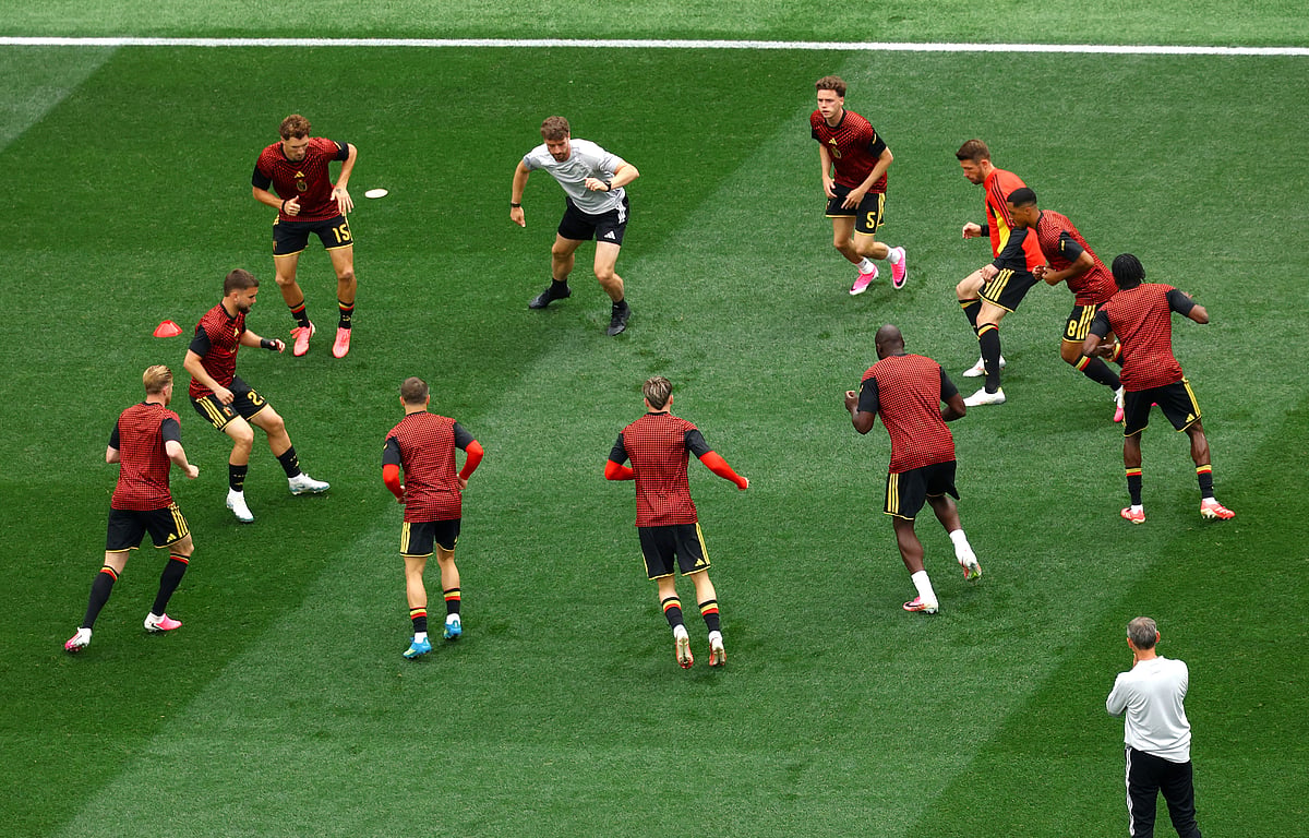 General view of Belgium players during the warm up before the match against Iran at Los Angeles Stadium, Inglewood, California, U.S. - June 21, 2026