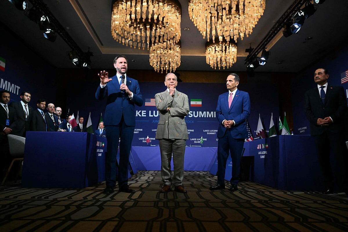 TOPSHOT - (L to R) US Vice President JD Vance speaks next to Pakistan's Prime Minister Shehbaz Sharif, Qatar's Prime Minister Sheikh Mohammed bin Abdulrahman bin Jassim al-Thani and Pakistan's Chief of Army Staff Field Marshal Asim Munir during a quadrilateral meeting between the United States, Iran, Pakistan and Qatar at the Burgenstock luxury hotel complex overlooking Lake Lucerne, Switzerland, on 21 June, 2026, as part of high-level talks aimed at advancing a deal to end the Middle East conflict.