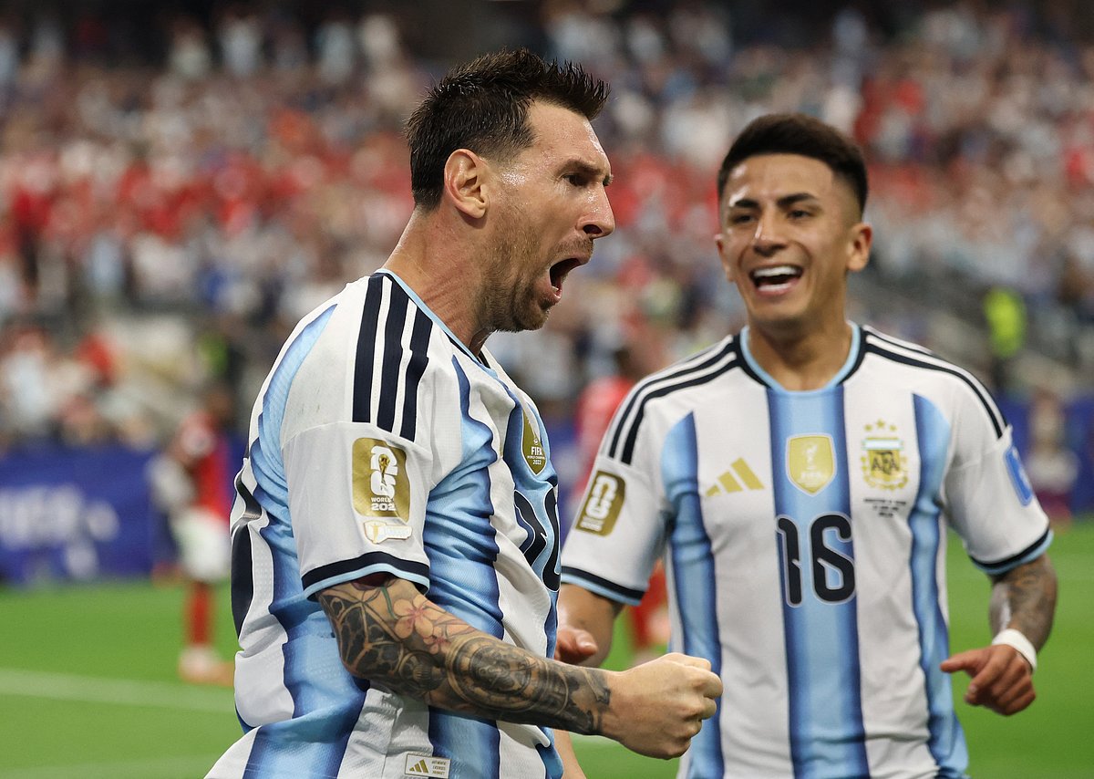 Argentina's Lionel Messi celebrates scoring their first goal agains Austria at Dallas Stadium, Arlington, Texas, U.S. - June 22, 2026. He becomes leading goal scorer of Wrold Cup history