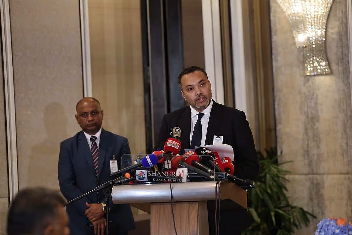 Mahdi Amin, adviser to the prime minister and spokesperson for the Prime Minister’s Office, at a press conference held at the Shangri-La Hotel in Malaysia on 22 June 2026