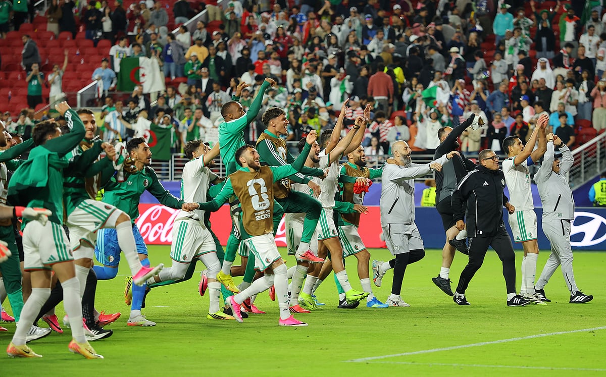 Football - FIFA World Cup 2026 - Group J - Jordan v Algeria - San Francisco Bay Area Stadium, Santa Clara, California, U.S. - June 22, 2026
Algeria players celebrate after the match