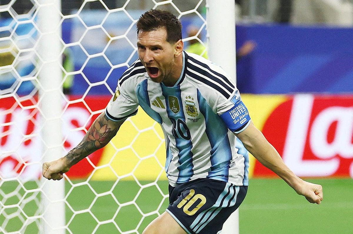 Soccer Football - FIFA World Cup 2026 - Group J - Argentina v Austria - Dallas Stadium, Arlington, Texas, US - 22 June, 2026
Argentina's Lionel Messi celebrates scoring their second goal.
REUTERS/Kai Pfaffenbach