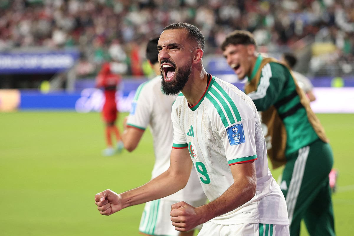 Nabil Bentaleb #19 of Algeria celebrates after the team's second goal by Amine Gouiri #9 during the FIFA World Cup 2026 Group J match between Jordan and Algeria at San Francisco Bay Area Stadium on 22 June 2026 in Santa Clara, California