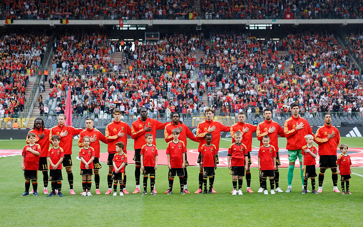 Football - International Friendly - Belgium v Tunisia - King Baudouin Stadium, Brussels, Belgium - June 4, 2026
Belgium players line up during the national anthems before the match