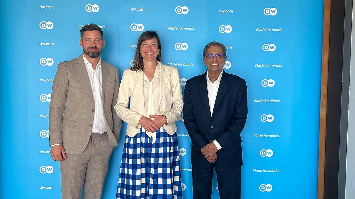 Prothom Alo Editor Matiur Rahman with Deutsche Welle Director General Barbara Massing (centre). Also pictured is Daniel Vogelgesang, an official from Deutsche Welle’s Marketing and Management Division. The photo was taken at the Deutsche Welle headquarters in Bonn, Germany, on Wednesday.