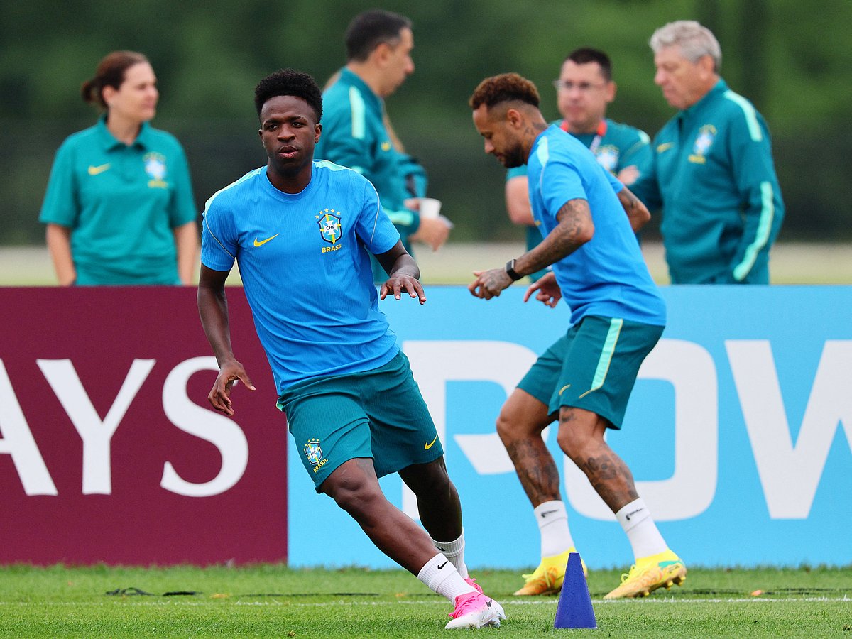 Football - FIFA World Cup 2026 - Brazil Training - Columbia Park Training Facility, Morristown, New Jersey, U.S. - June 23, 2026 
Brazil's Vinicius Junior and Neymar Jr. during training ``