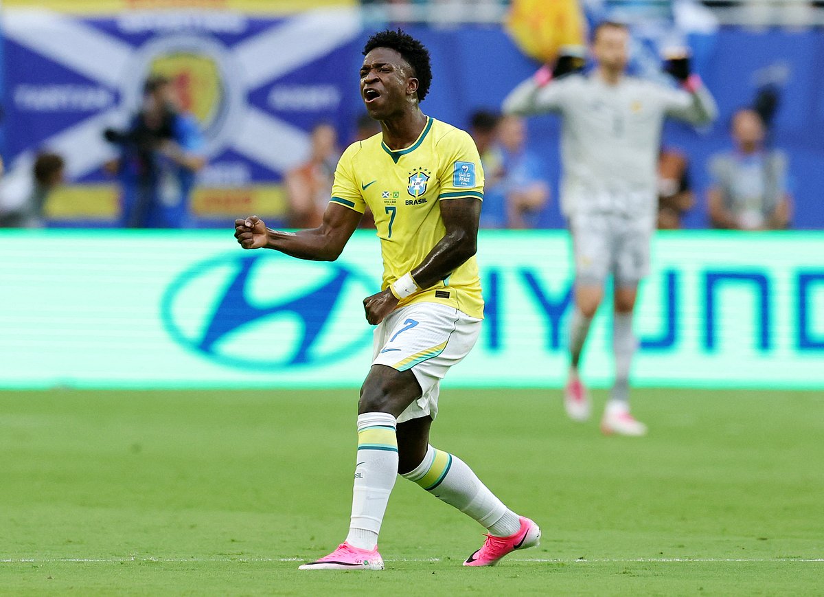 Brazil's Vinicius Junior celebrates scoring their first goal