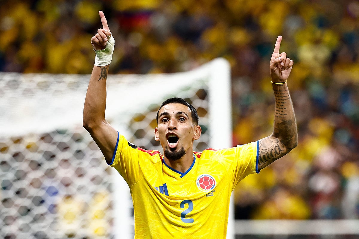 Colombia’s defender #02 Daniel Munoz celebrates scoring his team’s first goal during the 2026 World Cup Group K football match between Colombia and Democratic Republic of Congo at the Guadalajara Stadium in Zapopan on 23 June 2026