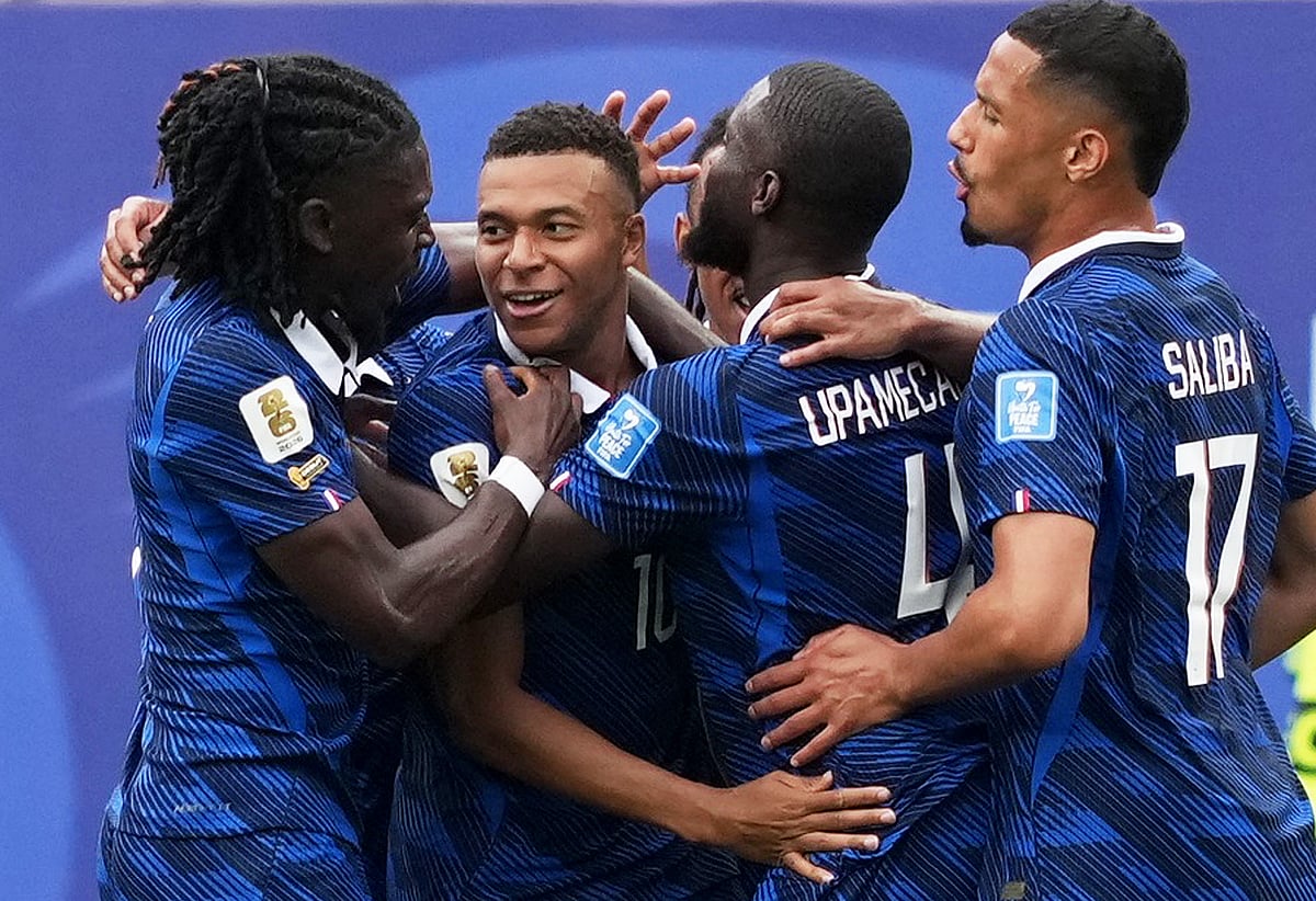 France's Kylian Mbappe celebrates scoring their first goal with teammates against Iraq - Philadelphia Stadium, Philadelphia, Pennsylvania, U.S. - 22 June , 2026
