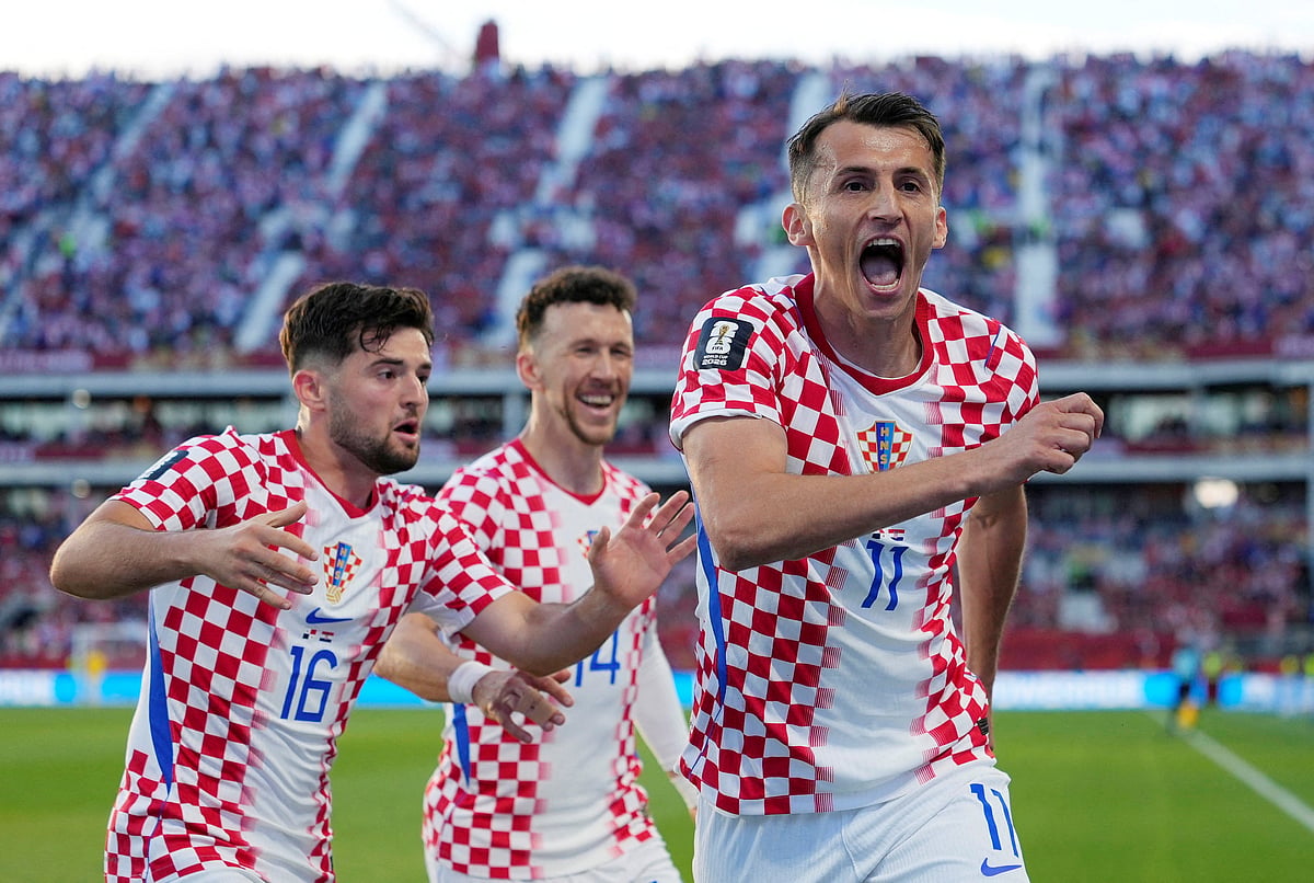 Croatia's Ante Budimir celebrates scoring their first goal with Ivan Perisic and Martin Baturina at Toronto Stadium, Toronto, Canada - June 23, 2026