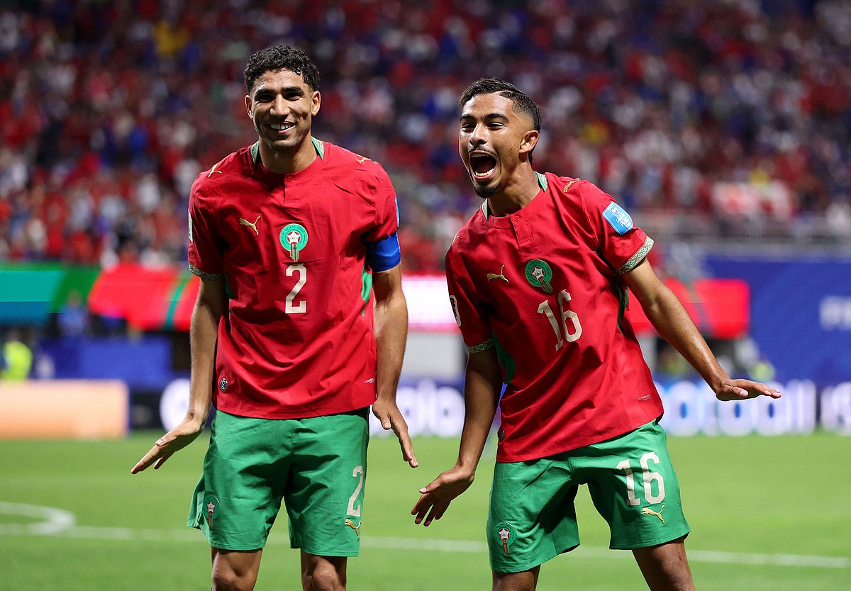 Gessime Yassine #16 of Morocco celebrates with teammate Achraf Hakimi #2 after scoring his team's fourth goal during the FIFA World Cup 2026 Group C match between Morocco and Haiti at Atlanta Stadium on June 24, 2026 in Atlanta, Georgia.