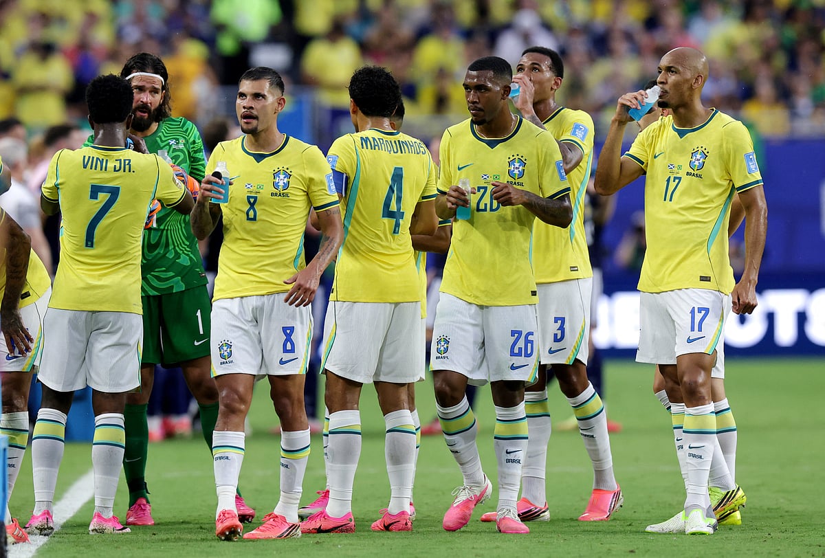 Brazil's Vinicius Junior, Alisson Becker, Bruno Guimaraes, Marquinhos, Rayan, Gabriel Magalhaes and Fabinho during a hydration break against Scotland at Miami Stadium, Miami Gardens, Florida, U.S. - June 24, 2026