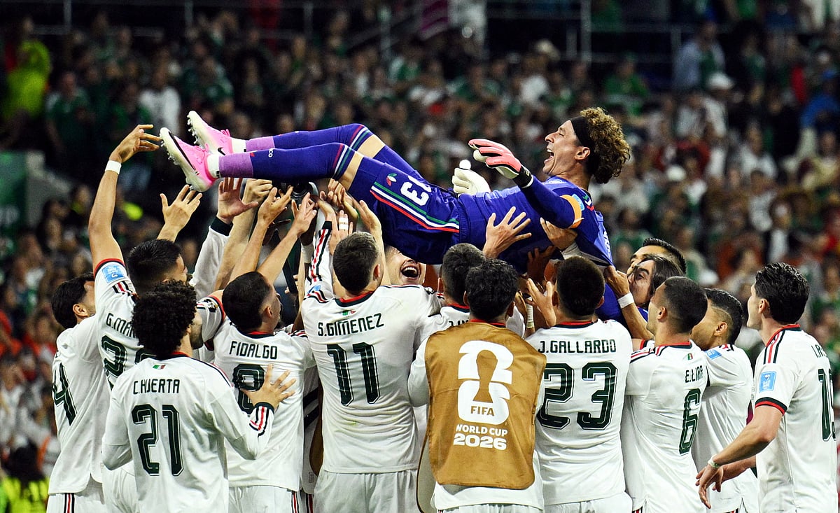 Mexico players throw Guillermo Ochoa in the air as they celebrate his first appearance in his sixth world cup against  Czech Republic at Estadio Azteca, Mexico City, Mexico - 24 June, 2026