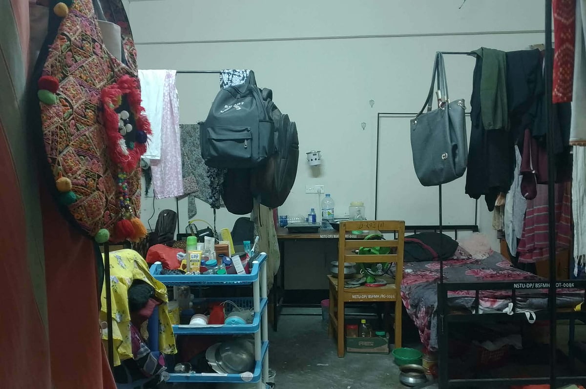 A congested room of a university hostel in Noakhali where there's hardly any room to move