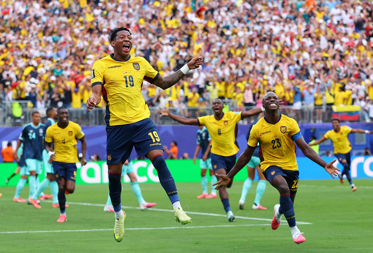 Football - FIFA World Cup 2026 - Group E - Ecuador v Germany - New York/New Jersey Stadium, East Rutherford, New Jersey, U.S. - June 25, 2026
Ecuador's Gonzalo Plata celebrates scoring their second goal with Moises Caicedo