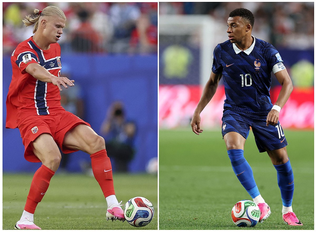 This combination of file pictures created on 24 June, 2026 shows Norway's forward Erling Haaland (L) in Foxborough, Massachusetts on 16 June, 2026 and France's forward Kylian Mbappe (R) in Philadelphia on 22 June, 2026. Norway and France will meet in their final Group I match in Boston on 26 June, 2026.