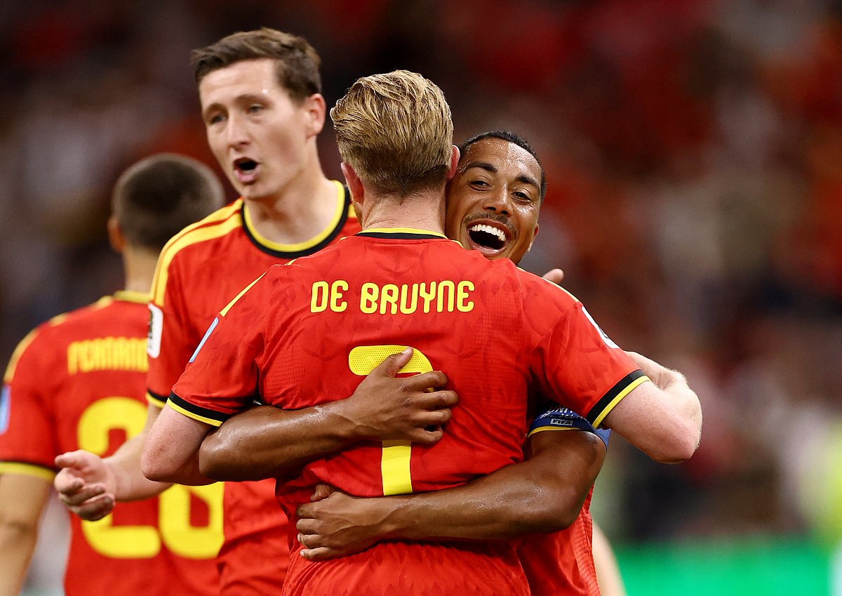 Belgium's Kevin De Bruyne celebrates scoring their third goal with Youri Tielemans at BC Place, Vancouver, Canada - 26 June, 2026.