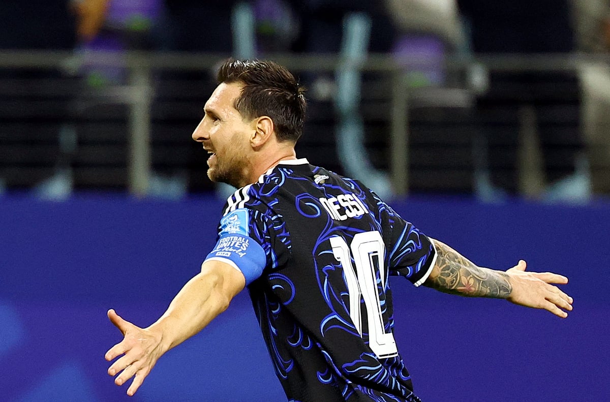Argentina's Lionel Messi celebrates scoring their third goal against Jordan at Dallas Stadium, Arlington, Texas, US, on 27 June, 2026