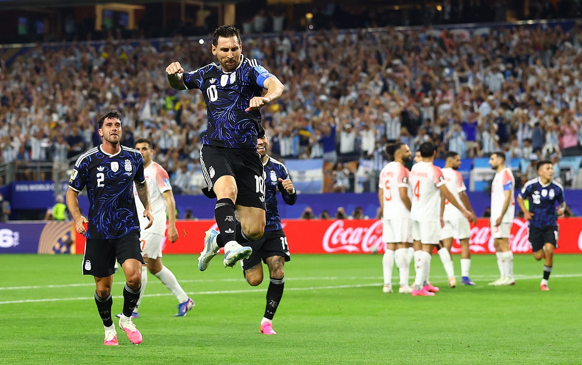 Argentina's Lionel Messi celebrates scoring their third goal against Jordan at Dallas Stadium, Arlington, Texas, US - 27 June, 2026