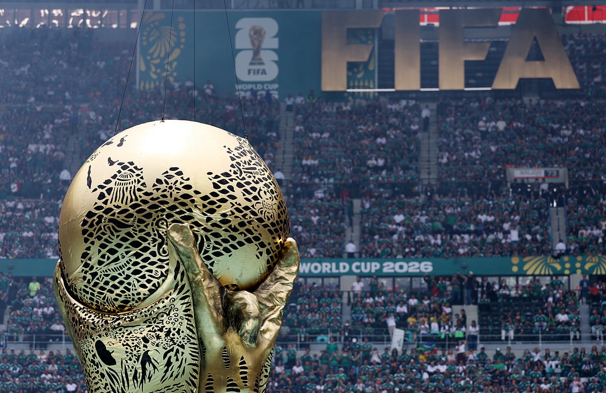 General view of a replica World Cup trophy during the opening ceremony