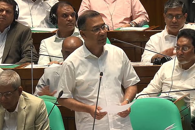 Prime Minister and Leader of the House Tarique Rahman addresses a parliamentary session.
