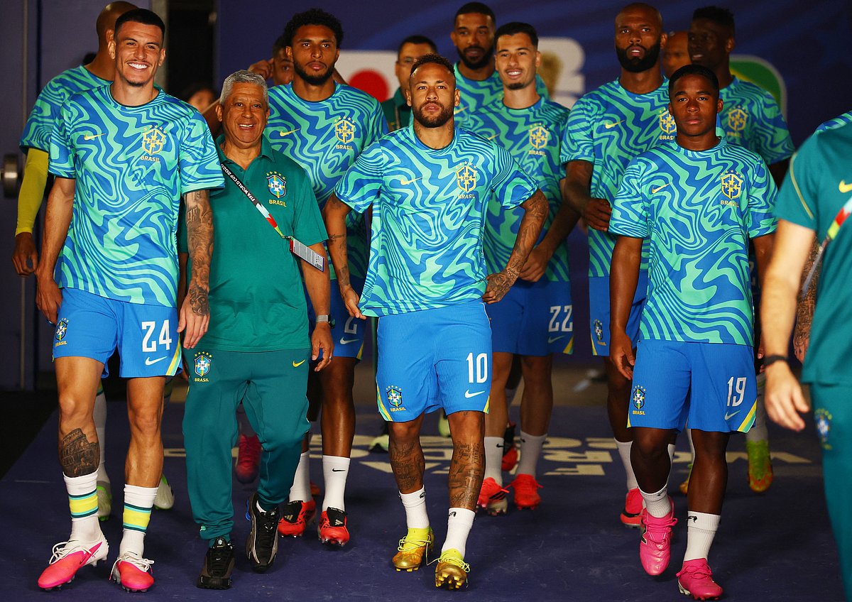 Brazil's Roger Ibanez, Neymar Jr. and Endrick walk out to warm up before the match at Houston Stadium, Houston, Texas, US on 29 June, 2026.