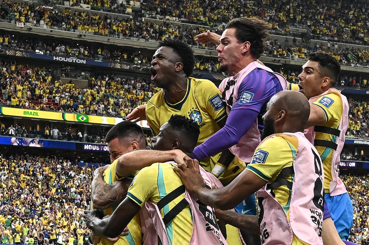 Brazil's players celebrate their second goal during the 2026 World Cup round of 32 football match between Brazil and Japan at the Houston Stadium in Houston on 29 June, 2026.