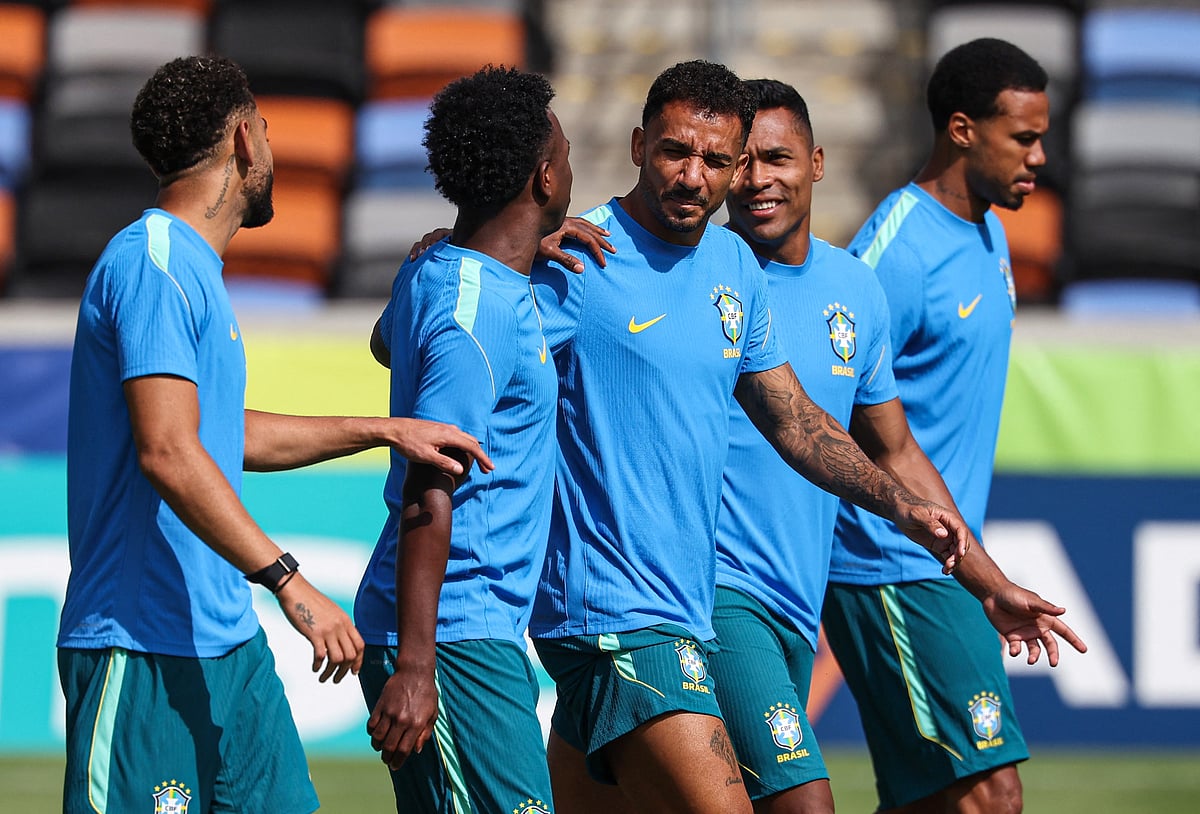 Football - FIFA World Cup 2026 - Brazil Training - Houston Dash & Dynamo Stadium, Houston, Texas, U.S. - June 28, 2026
Brazil's Danilo and Vinicius Junior during training