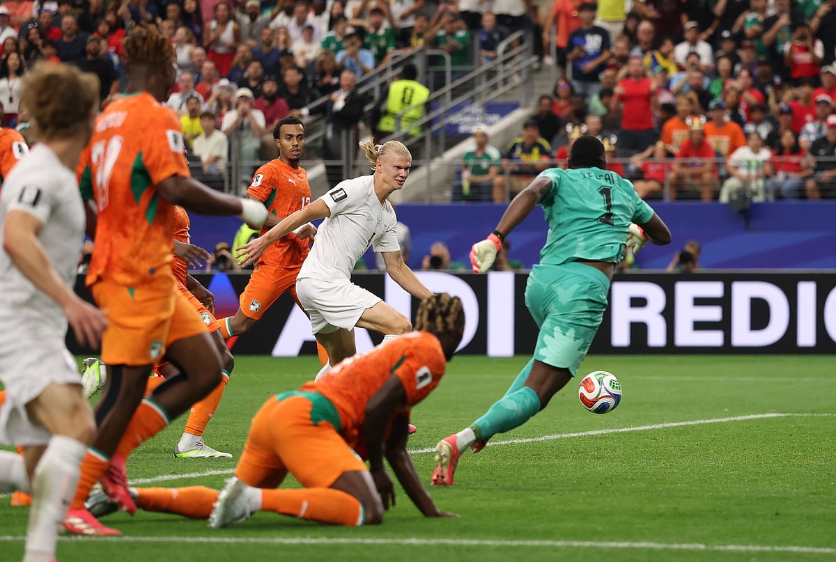 Erling Haaland #9 of Norway scores his team's second goal during the FIFA World Cup 2026 Round Of 32 match between Cote d'Ivoire and Norway at Dallas Stadium on June 30, 2026 in Arlington, Texas