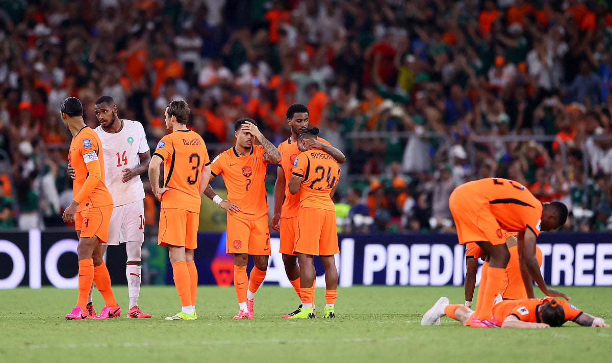 Football - FIFA World Cup 2026 - Round of 32 - Netherlands v Morocco - Estadio Monterrey, Monterrey, Mexico - June 29, 2026
Netherlands' Crysencio Summerville and teammates look dejected after the match as Netherlands are eliminated from the World Cup