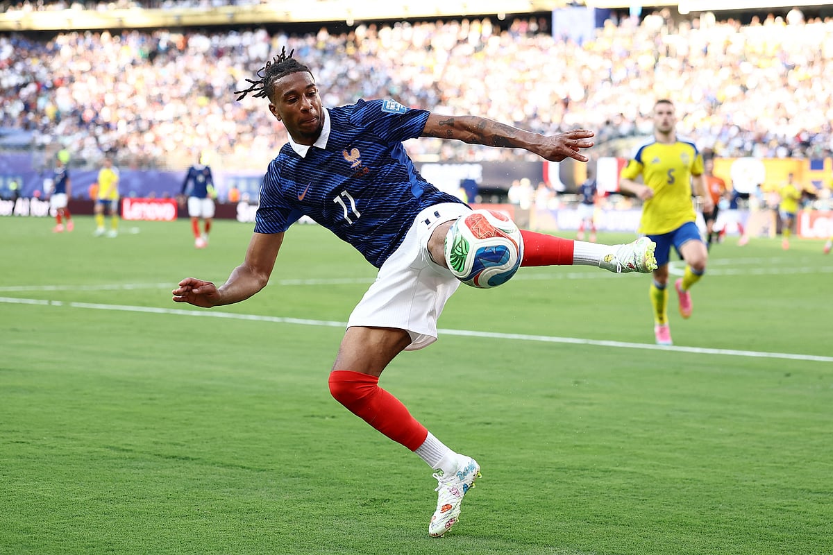 France’s forward #11 Michael Olise kicks the ball during the 2026 World Cup round of 32 football match between France and Sweden at the New York/New Jersey Stadium in East Rutherford on 30 June 2026