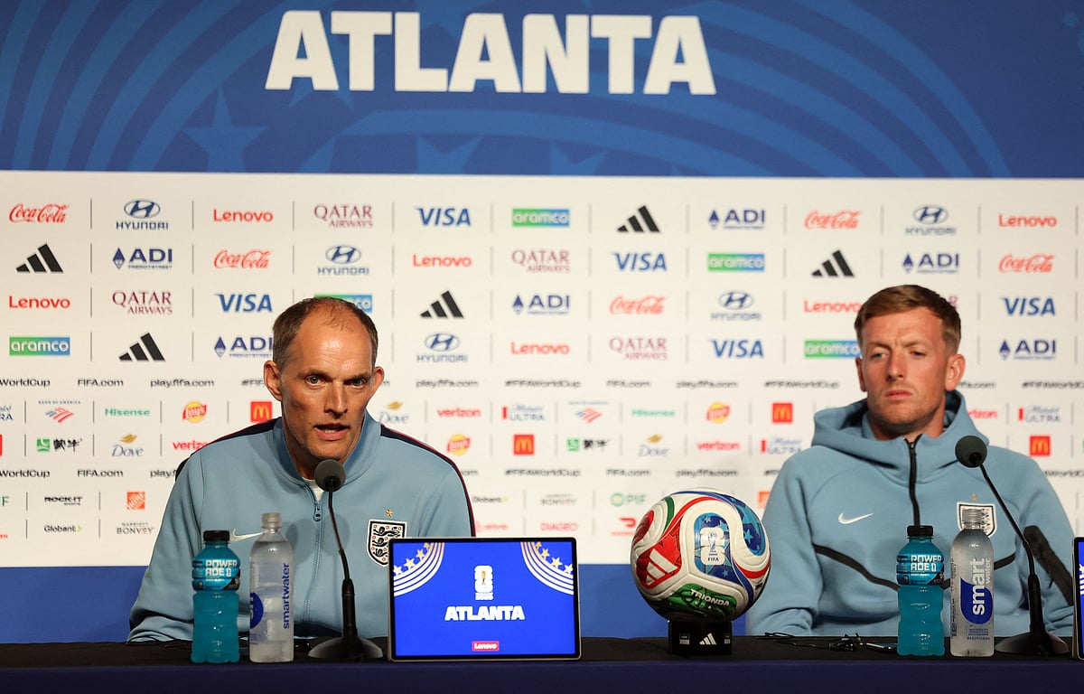 Football - FIFA World Cup 2026 - England Press Conference - Atlanta Stadium, Atlanta, Georgia, U.S. - June 30, 2026
England manager Thomas Tuchel and Jordan Pickford during the press conference