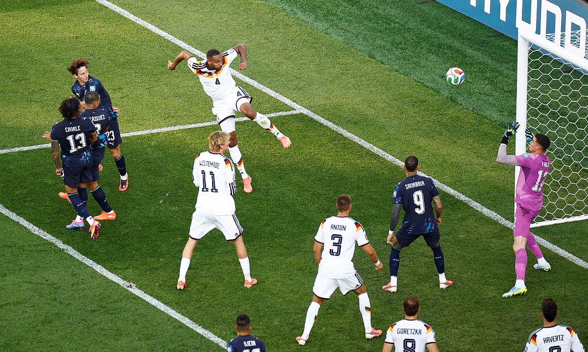 Football - FIFA World Cup 2026 - Round of 32 - Germany v Paraguay - Boston Stadium, Foxborough, Massachusetts, U.S. - June 29, 2026
Germany's Jonathan Tah scores their second goal past Paraguay's Orlando Gill before it is disallowed after a VAR review