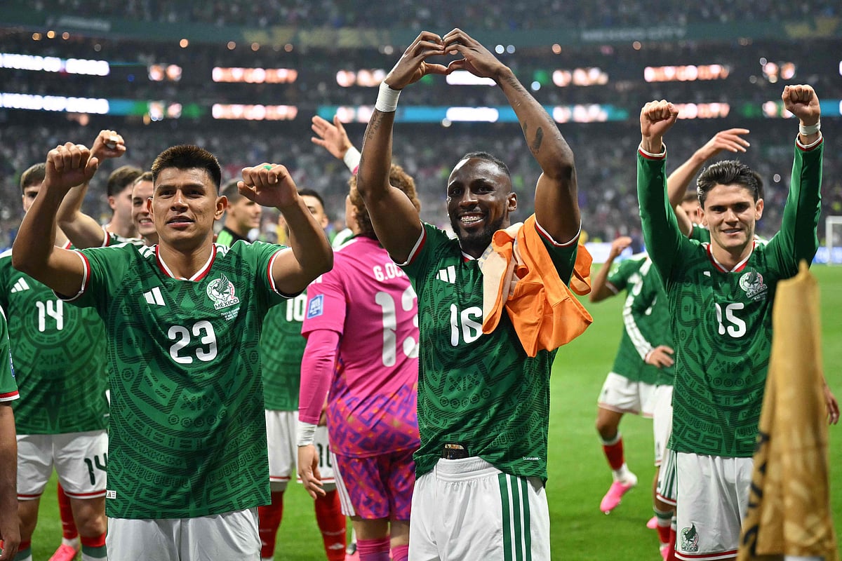 Mexico’s defender #23 Jesus Gallardo, Mexico’s forward #16 Julian Quinones and Mexico’s defender #15 Israel Reyes celebrate after winning the 2026 World Cup round of 32 football match between Mexico and Ecuador at the Mexico City Stadium in Mexico City on 30 June 2026