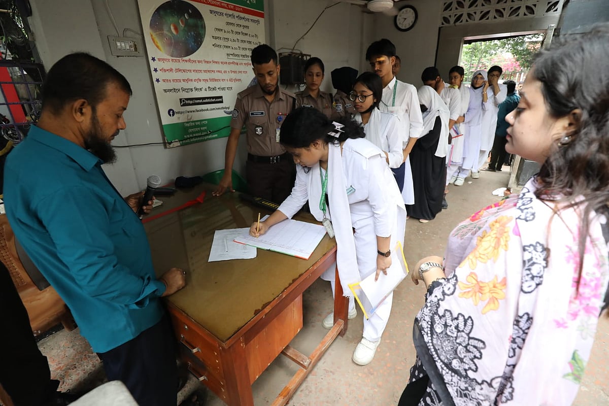 HSC candidates enter the Azimpur Government Girls School and College centre in Dhaka on 2 July 2026