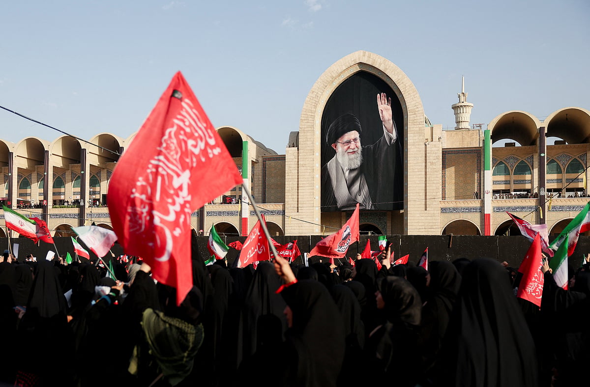 Mourners gather on the day of a public farewell ceremony to pay their respects to late Supreme Leader Ayatollah Ali Khamenei, who was killed on 28 February in Israeli and US airstrikes, at the Imam Khomeini Grand Mosalla, in Tehran, Iran 4 July, 2026. 